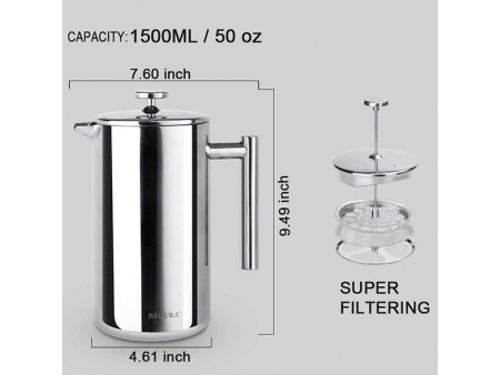 Presse à café 1.5L / Presse française à piston isolée en acier inoxydable